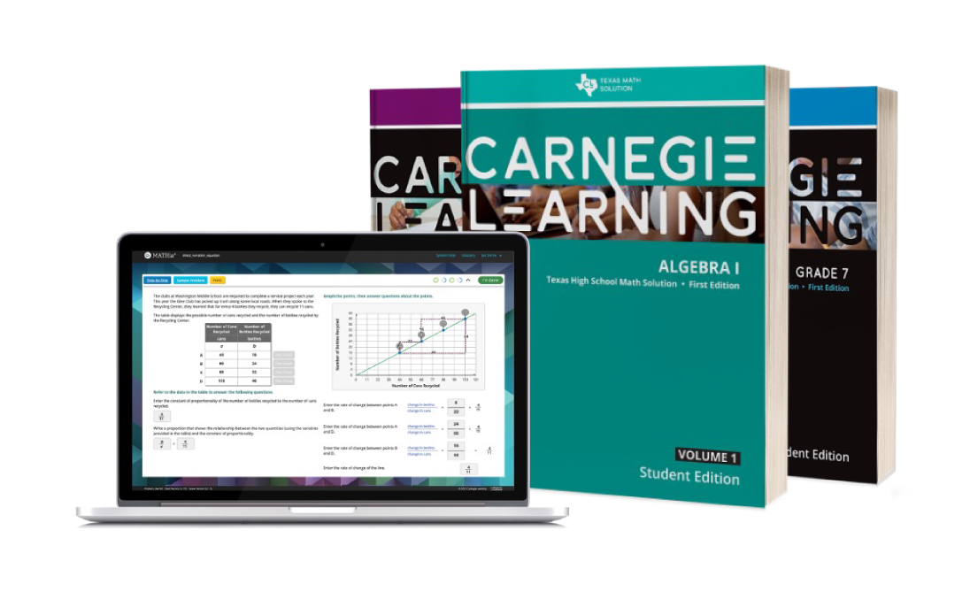 An image of the Carnegie Learning Texas Math Solution materials, that includes a textbook and computer screen showing online tools.