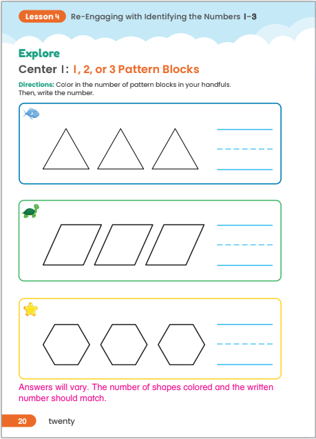 A worksheet for kindergarten math centers shows how to differentiate counting and writing the numbers 1 through 3. At this math learning center students count pattern blocks and write the number.