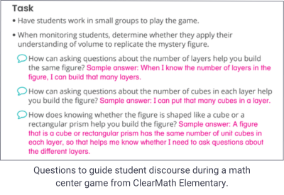 This image shows questions teachers can ask students at math centers to guide their thinking about volume.