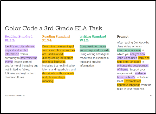 Color coded third grade ELA task using standards