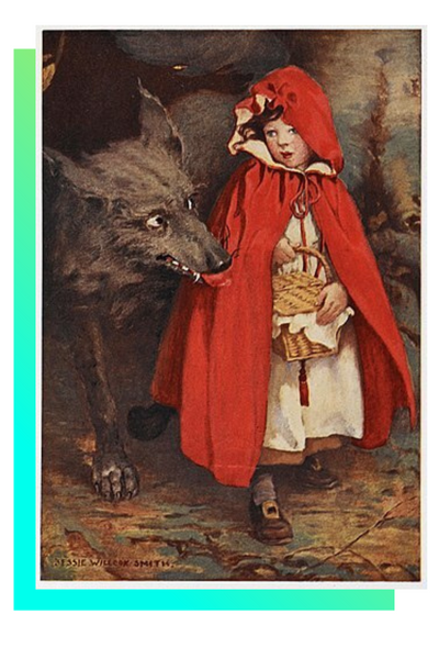 A picture of Little Red Riding Hood meeting the wolf