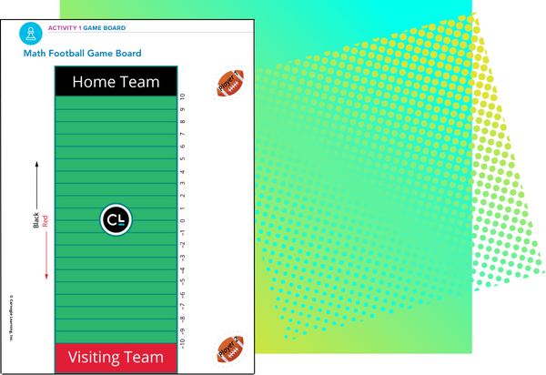 A number line is set up like a football field with two football cut outs students can use to explore how positive and negative integers can be added using a number line.