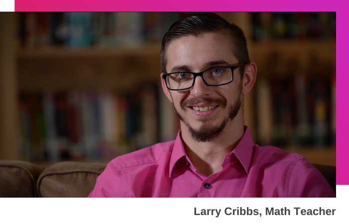 A man sitting on a couch in a school library: Muleshoe Independent School District Math teacher Larry Cribbs discusses his students’ success with the Carnegie Learning Texas Math Solution.